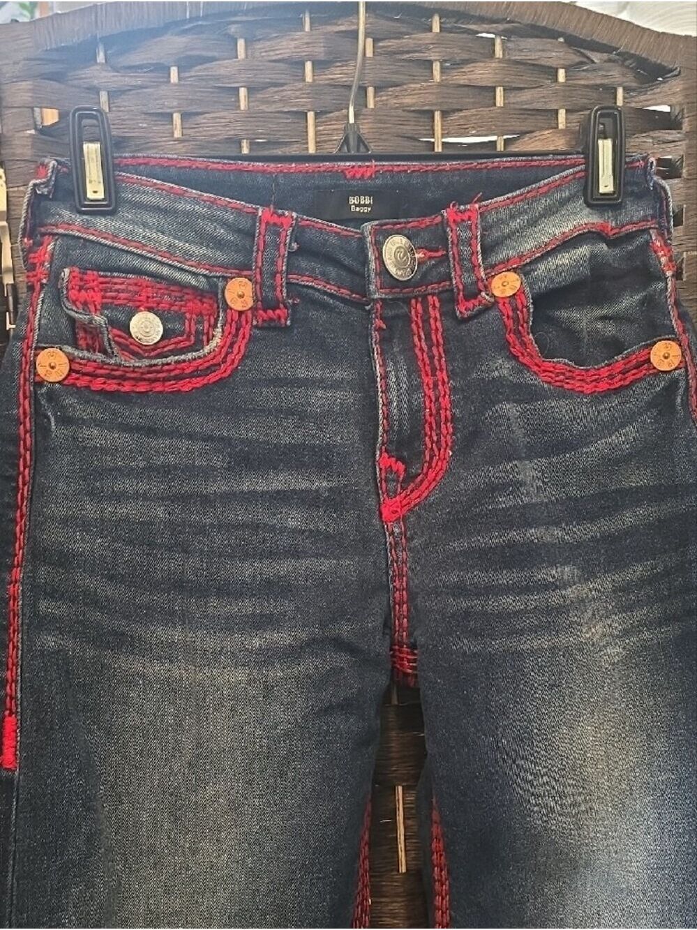 True Religion Bobbi Super Q Baggy Flap Jeans Red Stitch Low Rise Size 24 - Picture 2 of 7